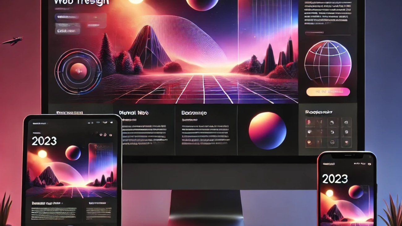 DALL·E 2025-01-08 13.43.41 - A modern website design concept for 2023 trends, showcasing a clean and minimal interface with vibrant gradient backgrounds. The layout features a cen